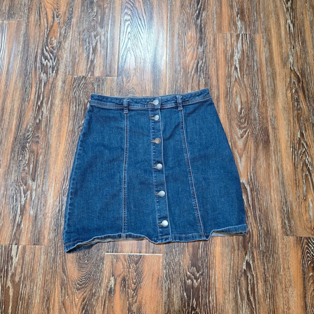 American Tall 30 XT Denim Mini Skirt Womens Blue Button Front A-Line Stretch